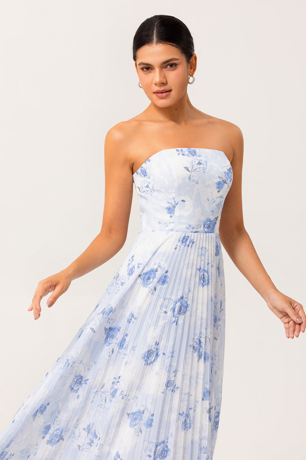 Blue Chiffon Strapless Floral Long Wedding Guest Dress with Pleats