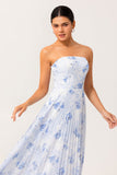Blue Chiffon Strapless Floral Long Wedding Guest Dress with Pleats