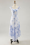 Blue Floral Tiered Chiffon Maxi Wedding Guest Dress with Ruffles