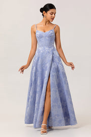 Blue Corset Floral A Line Jacquard Maxi Wedding Guest Dress with Slit