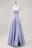 Blue Corset Floral A Line Jacquard Maxi Wedding Guest Dress with Slit