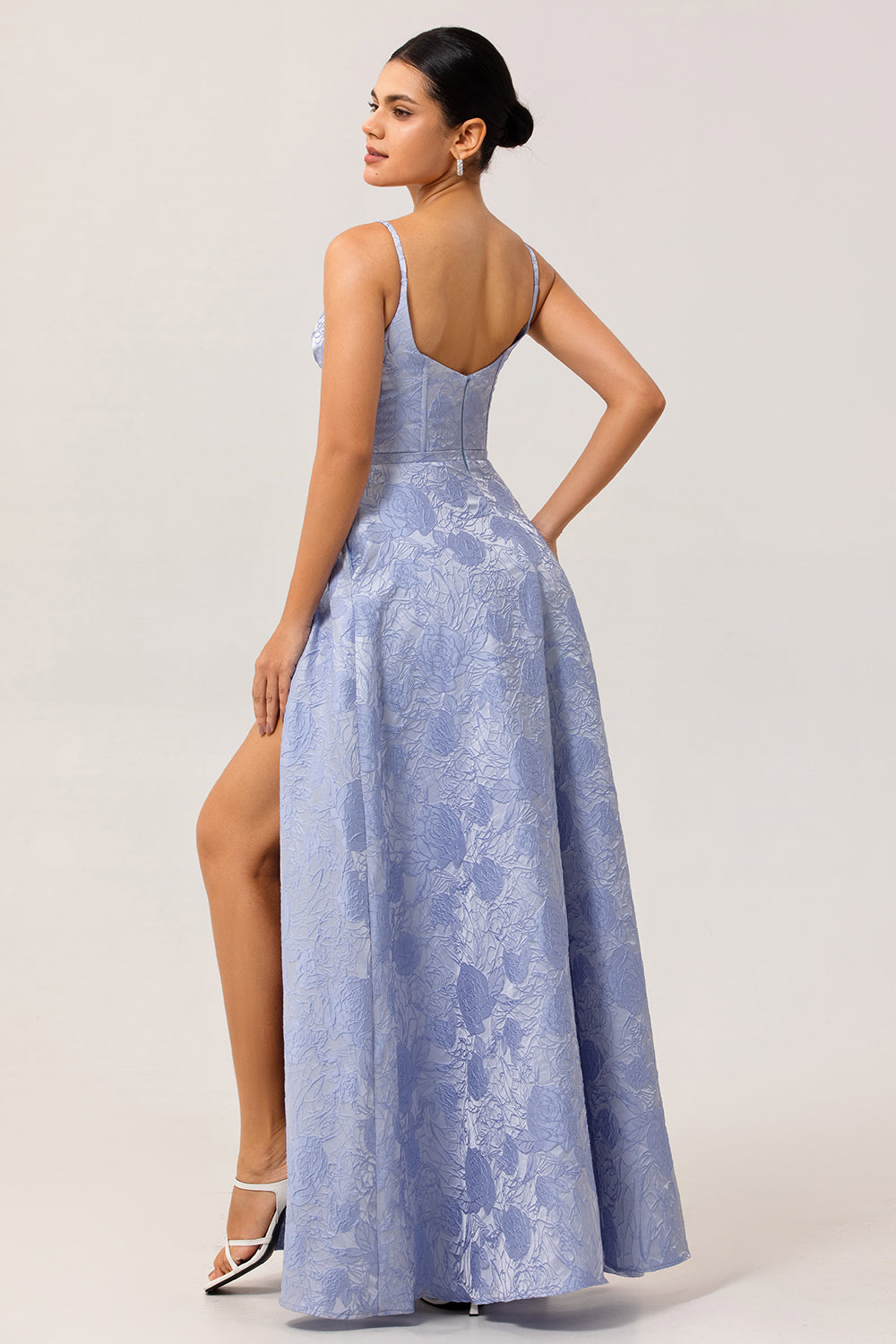 Blue Corset Floral A Line Jacquard Maxi Wedding Guest Dress with Slit