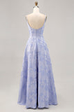 Blue Corset Floral A Line Jacquard Maxi Wedding Guest Dress with Slit