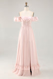 Blush Corset Floral Maxi Ruffled Bridesmaid Dress with Bow
