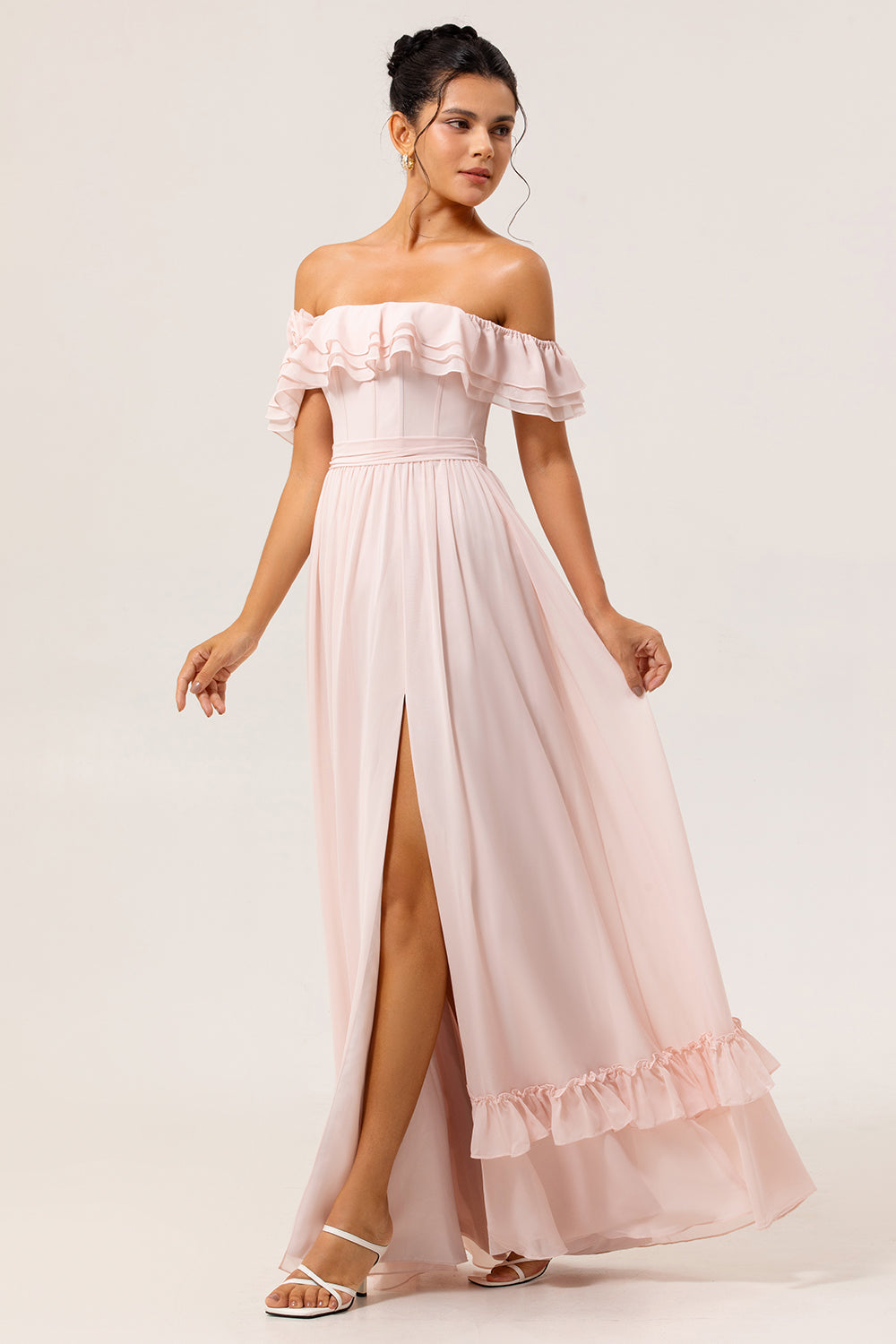Blush Corset Floral Maxi Ruffled Bridesmaid Dress with Bow