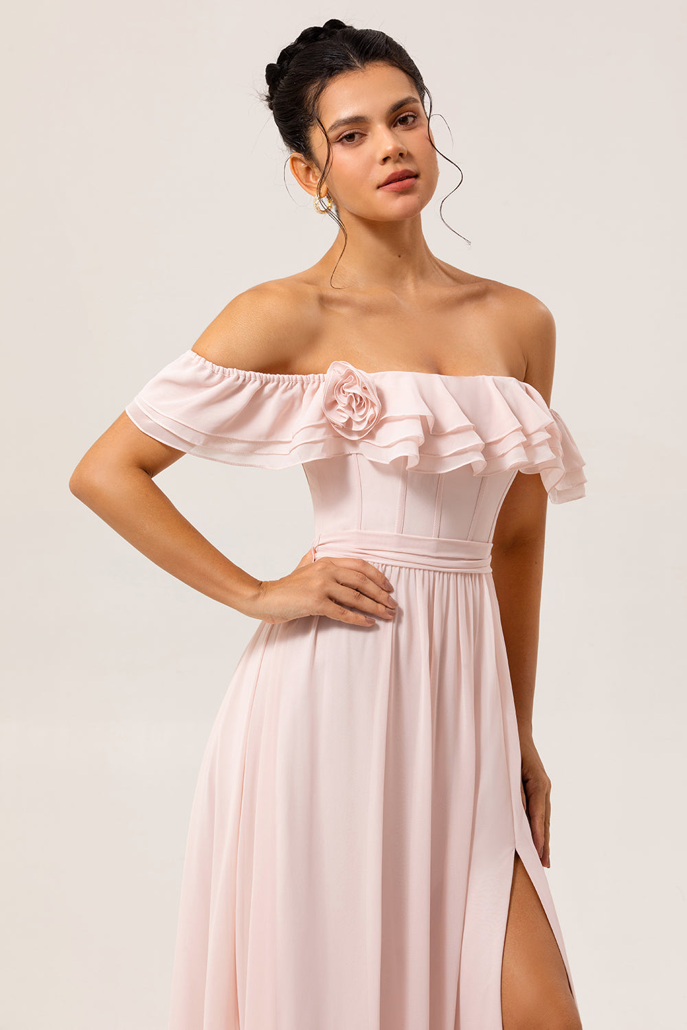 Blush Corset Floral Maxi Ruffled Bridesmaid Dress with Bow