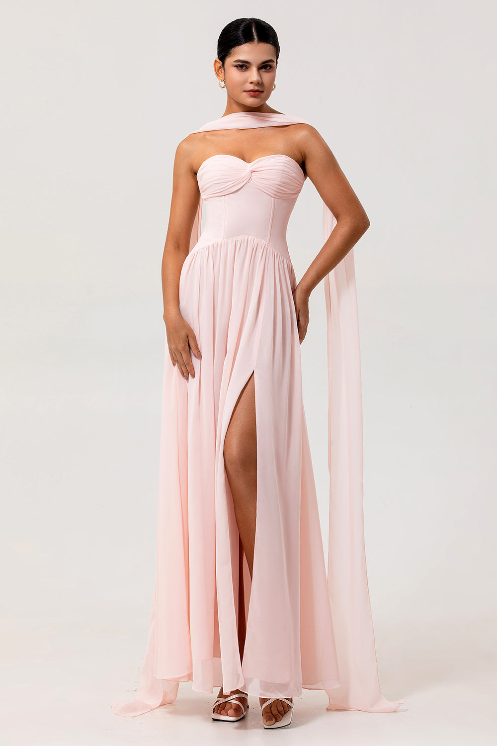 Blush Corset Chiffon Neck Scarf Long Bridesmaid Dress with Slit