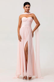 Blush Corset Chiffon Neck Scarf Long Bridesmaid Dress with Slit