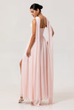 Blush Corset Chiffon Neck Scarf Long Bridesmaid Dress with Slit