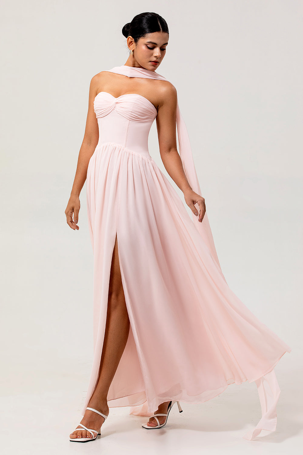 Blush Corset Chiffon Neck Scarf Long Bridesmaid Dress with Slit