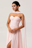 Blush Corset Chiffon Neck Scarf Long Bridesmaid Dress with Slit