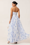 Blue Corset Floral Neck Scarf Maxi Wedding Guest Dress with Slit