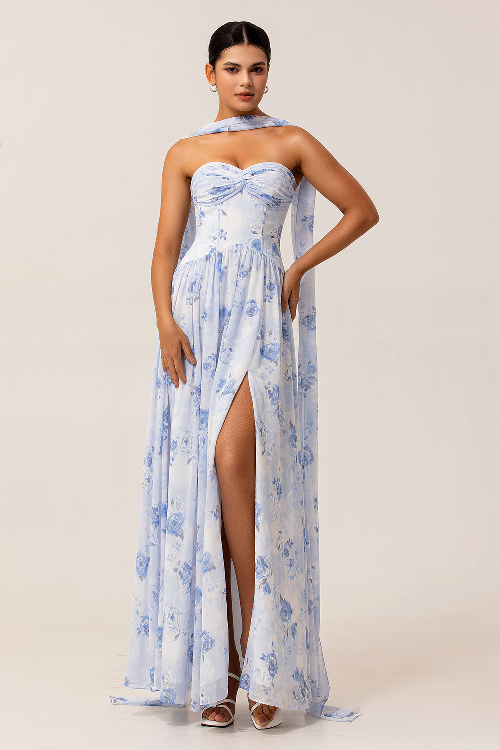 Blue Corset Floral Neck Scarf Maxi Wedding Guest Dress with Slit