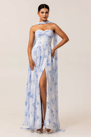 Blue Corset Floral Neck Scarf Maxi Wedding Guest Dress with Slit