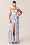 Blue Corset Floral Neck Scarf Maxi Wedding Guest Dress with Slit