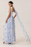 Blue Corset Floral Neck Scarf Maxi Wedding Guest Dress with Slit