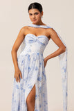 Blue Corset Floral Neck Scarf Maxi Wedding Guest Dress with Slit