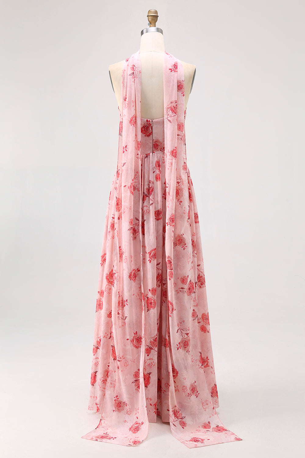 Dusty Rose Corset Neck Scarf Maxi A Line Floral Wedding Guest Dress with Slit