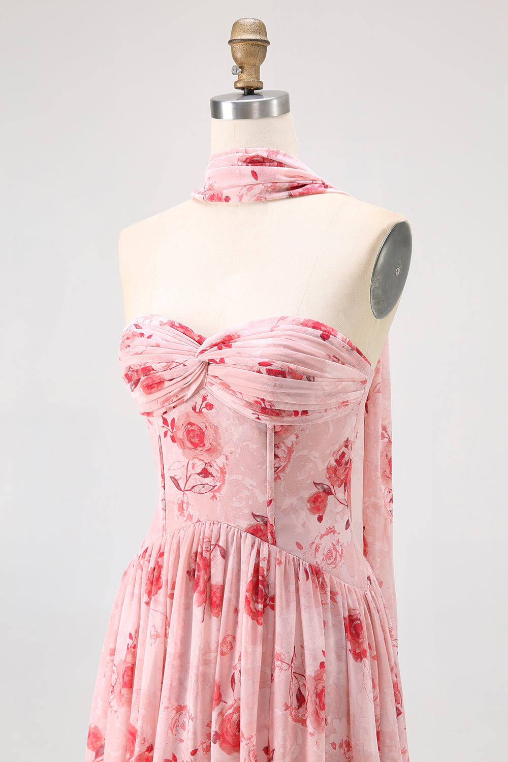 Dusty Rose Corset Neck Scarf Maxi A Line Floral Wedding Guest Dress with Slit