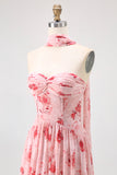 Dusty Rose Corset Neck Scarf Maxi A Line Floral Wedding Guest Dress with Slit