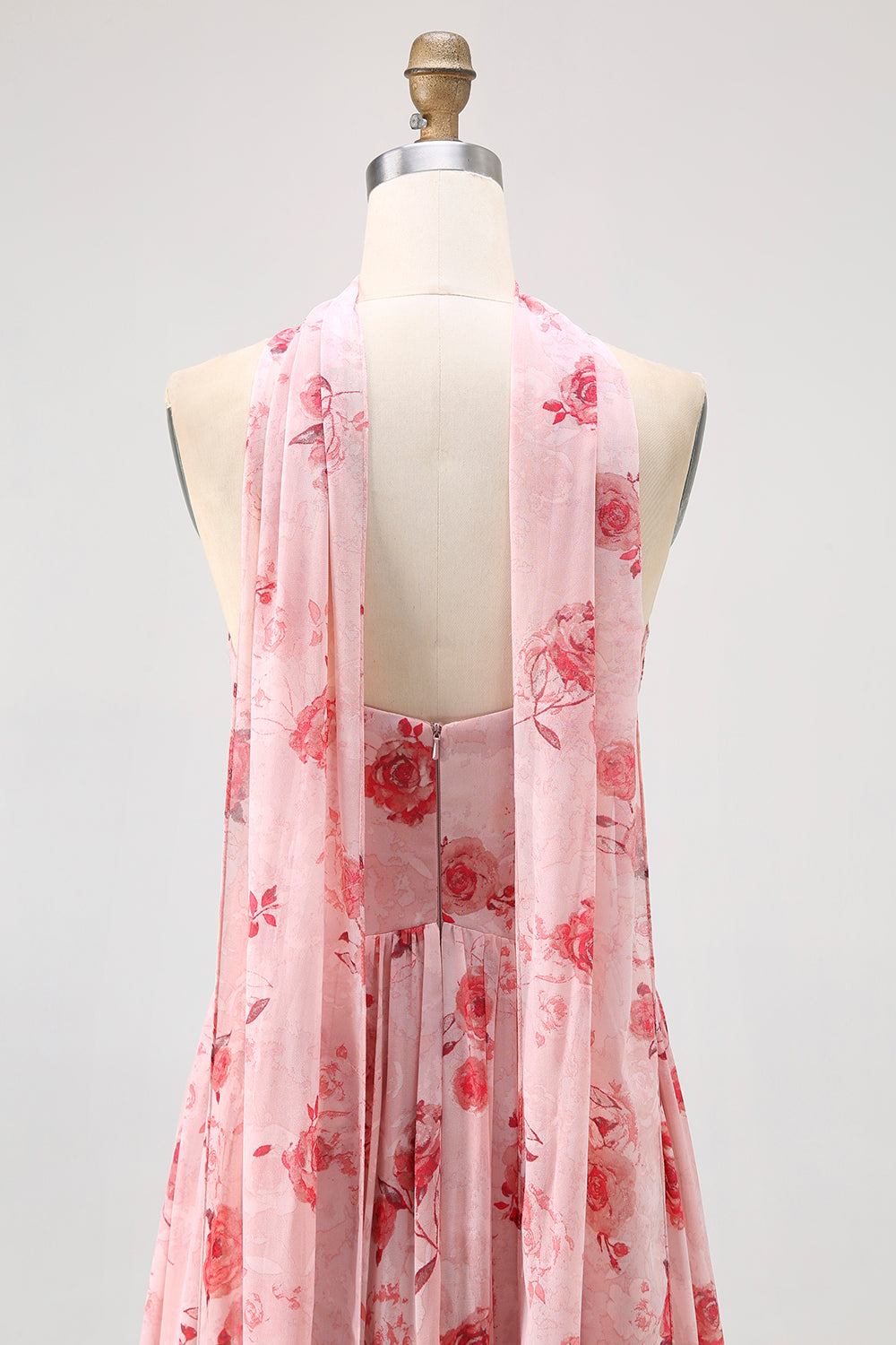 Dusty Rose Corset Neck Scarf Maxi A Line Floral Wedding Guest Dress with Slit