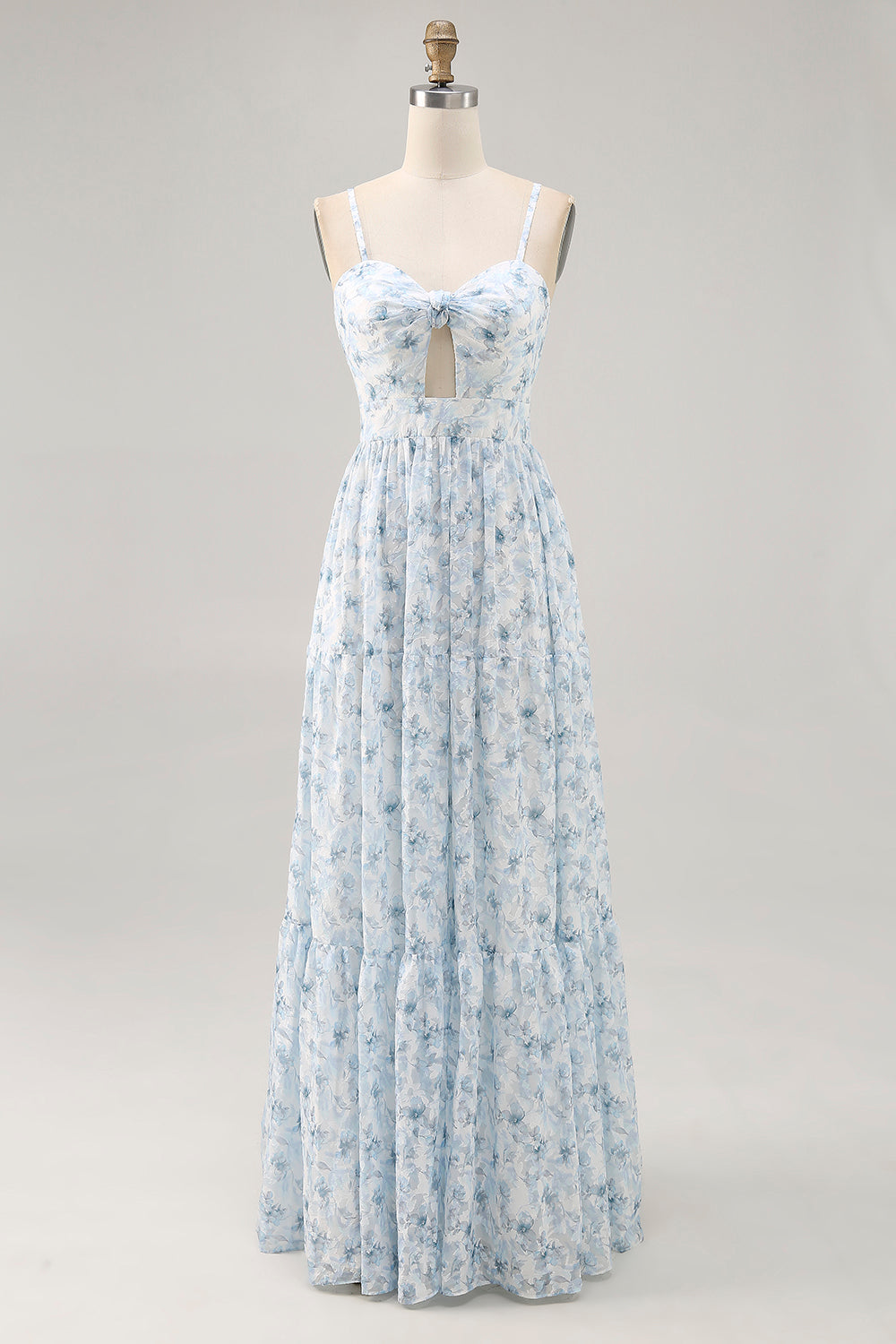 Blue Floral Ruched Chiffon Maxi Wedding Guest Dress with Keyhole