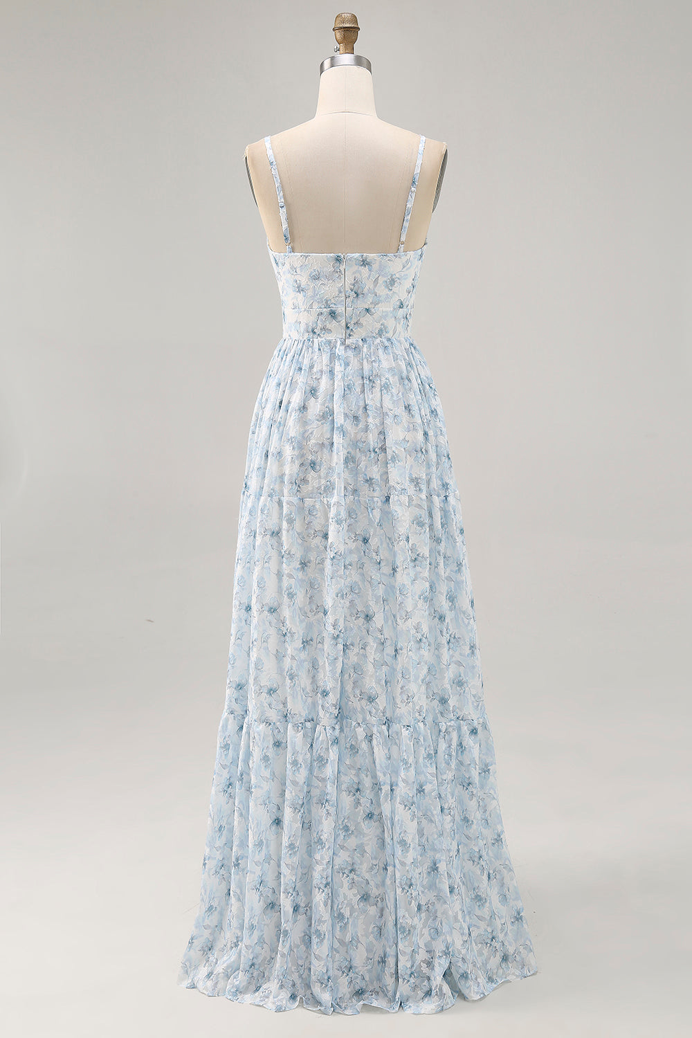 Blue Floral Ruched Chiffon Maxi Wedding Guest Dress with Keyhole