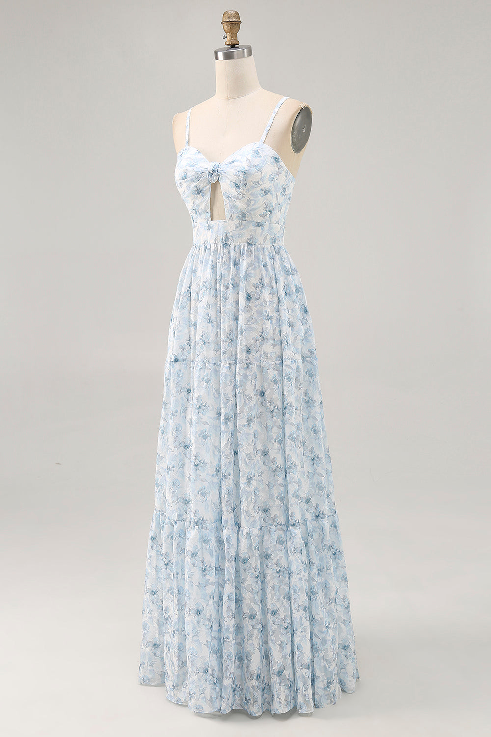 Blue Floral Ruched Chiffon Maxi Wedding Guest Dress with Keyhole
