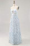 Blue Floral Ruched Chiffon Maxi Wedding Guest Dress with Keyhole