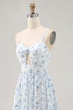 Blue Floral Ruched Chiffon Maxi Wedding Guest Dress with Keyhole
