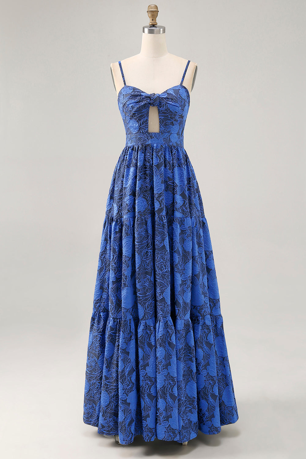 Blue Floral Jacquard Long Wedding Guest Dress with Keyhole