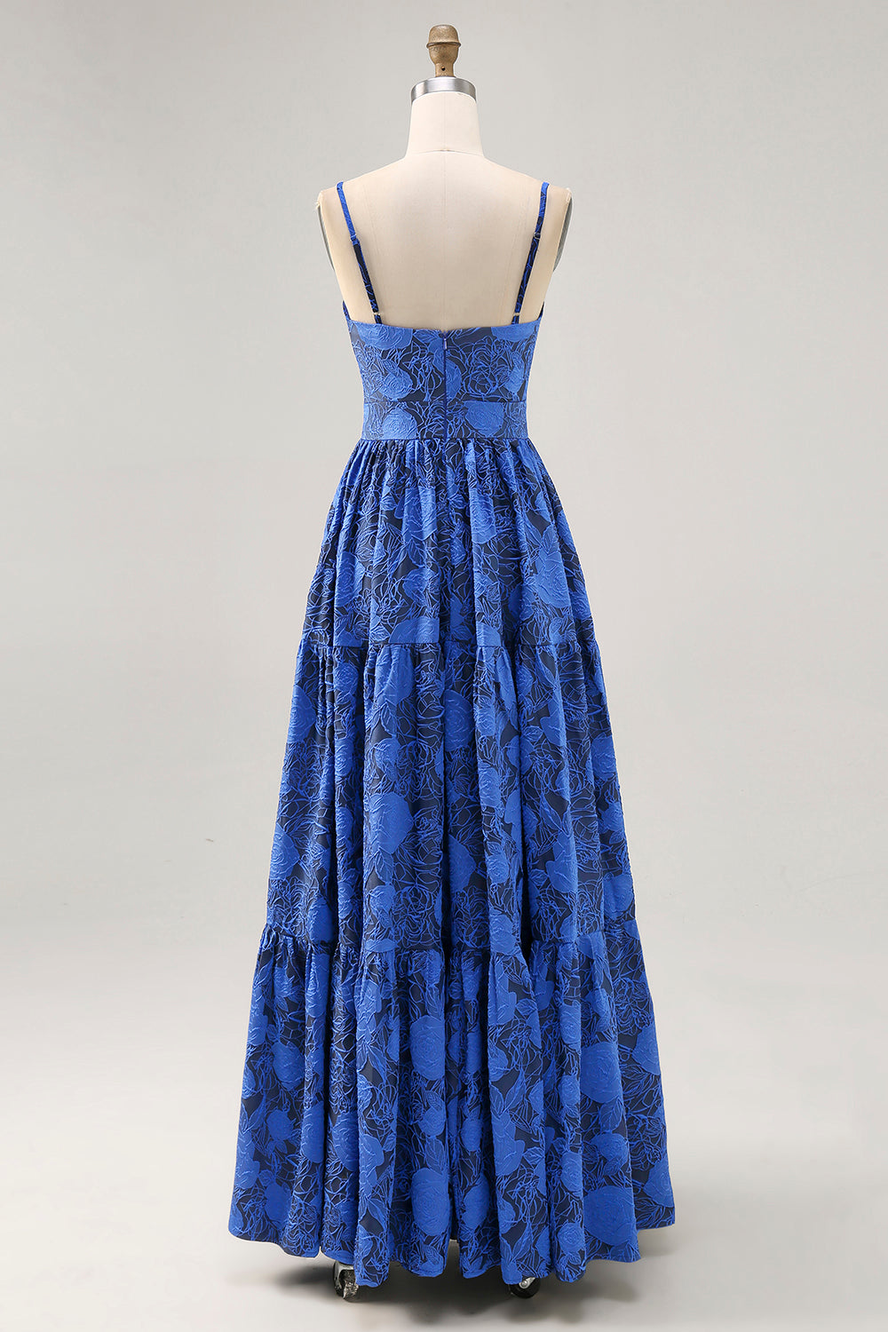 Blue Floral Jacquard Long Wedding Guest Dress with Keyhole