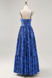 Blue Floral Jacquard Long Wedding Guest Dress with Keyhole