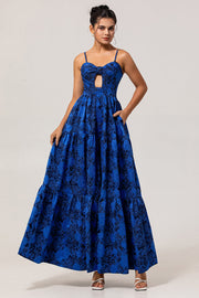Blue Floral Jacquard Long Wedding Guest Dress with Keyhole