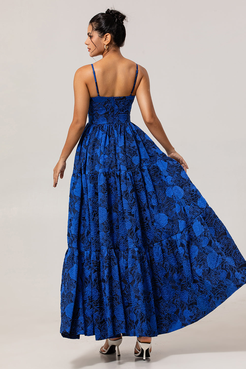 Blue Floral Jacquard Long Wedding Guest Dress with Keyhole