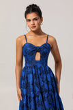 Blue Floral Jacquard Long Wedding Guest Dress with Keyhole