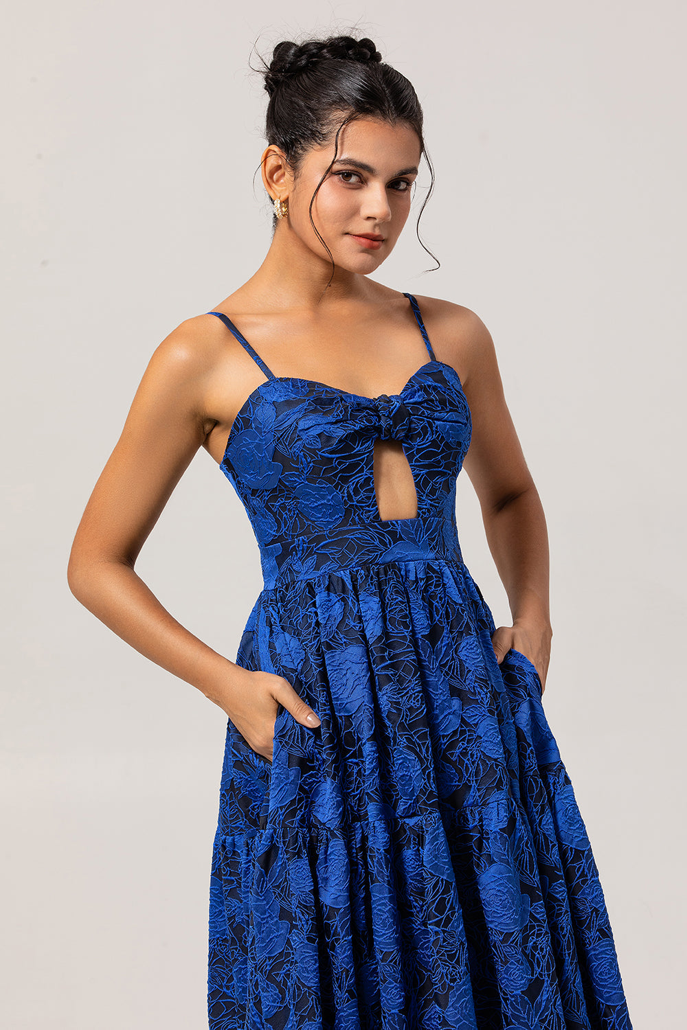 Blue Floral Jacquard Long Wedding Guest Dress with Keyhole