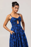 Blue Floral Jacquard Long Wedding Guest Dress with Keyhole