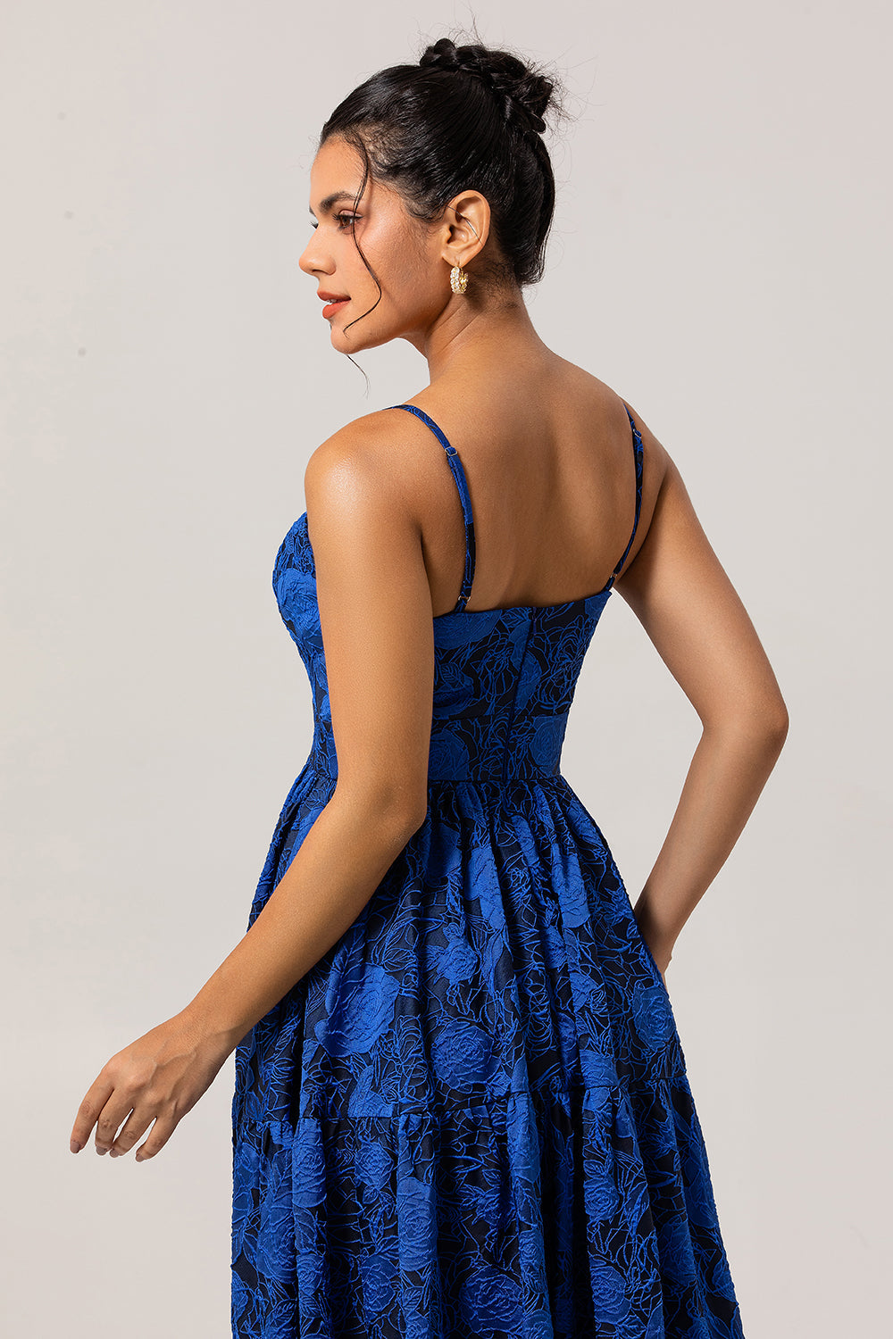 Blue Floral Jacquard Long Wedding Guest Dress with Keyhole