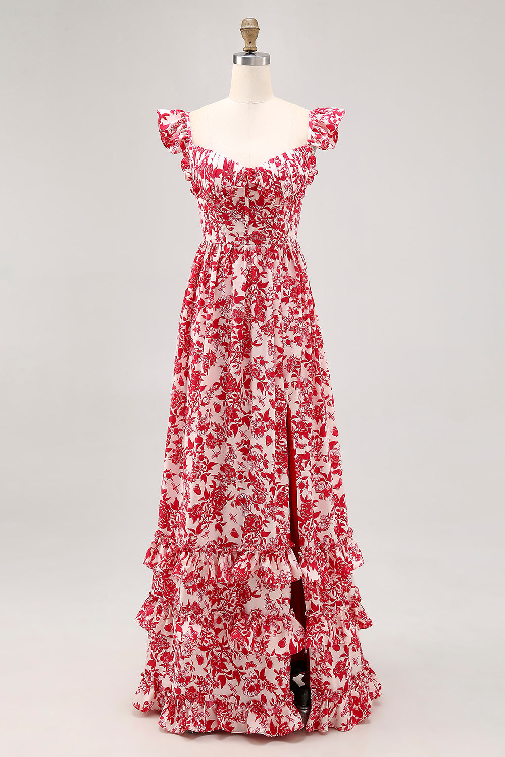 Red Floral Maxi Chiffon Corset Ruffled Wedding Guest Dress with Slit