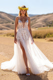 Boho Ivory  A Line Sweep Train Wedding Dress with Lace