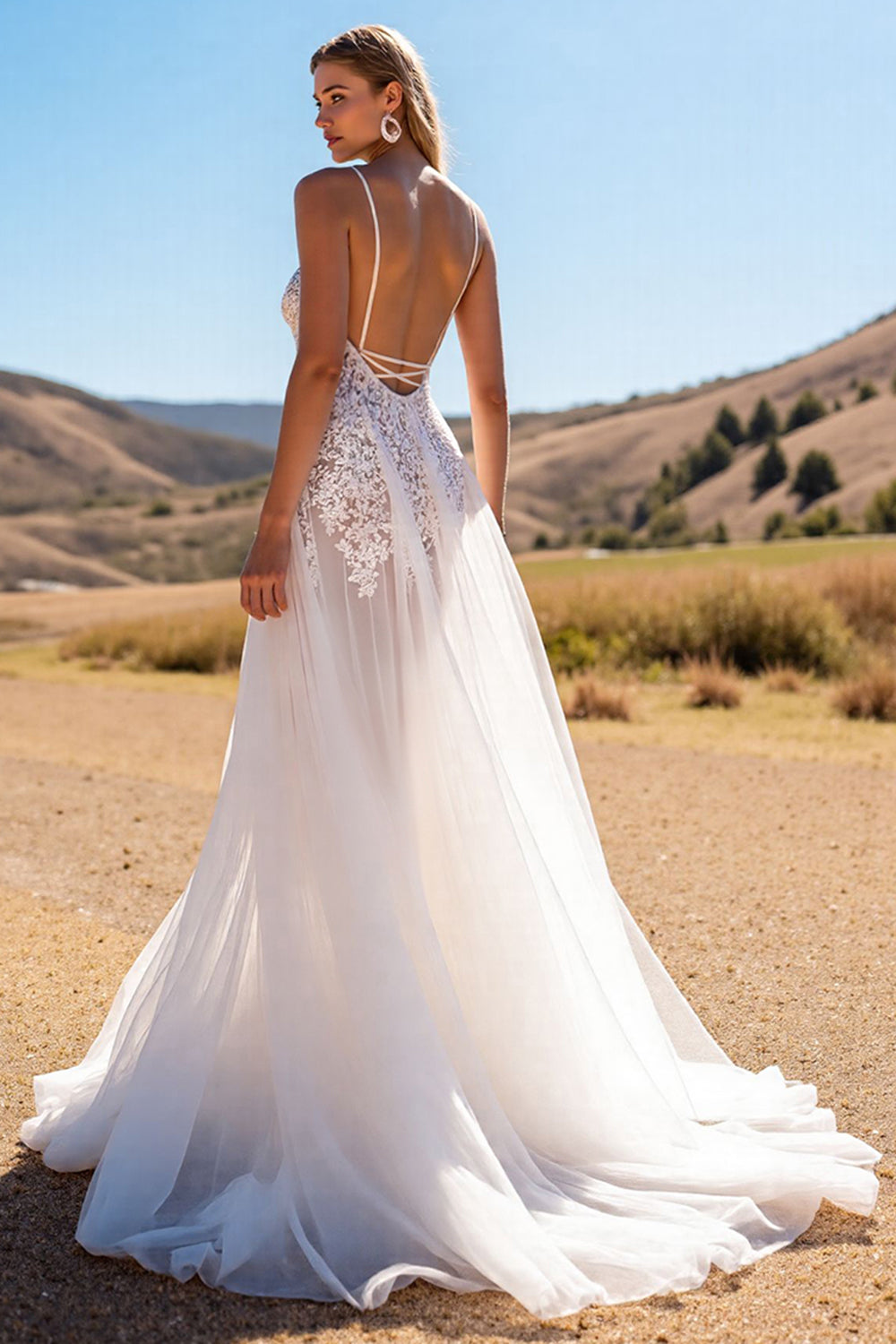 Boho Ivory  A Line Sweep Train Wedding Dress with Lace