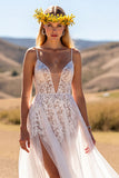 Boho Ivory  A Line Sweep Train Wedding Dress with Lace