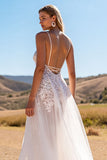 Boho Ivory  A Line Sweep Train Wedding Dress with Lace