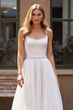 Sparkly Ivory Chiffon Corset Scoop Neck Boho Wedding Dress with Beading