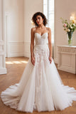 Tulle A Line Ivory Sweep Train Wedding Dress with Appliques