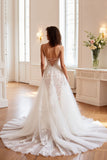 Tulle A Line Ivory Sweep Train Wedding Dress with Appliques
