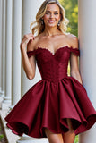Burgundy A Line Satin Corset Short Prom Dress with Appliques
