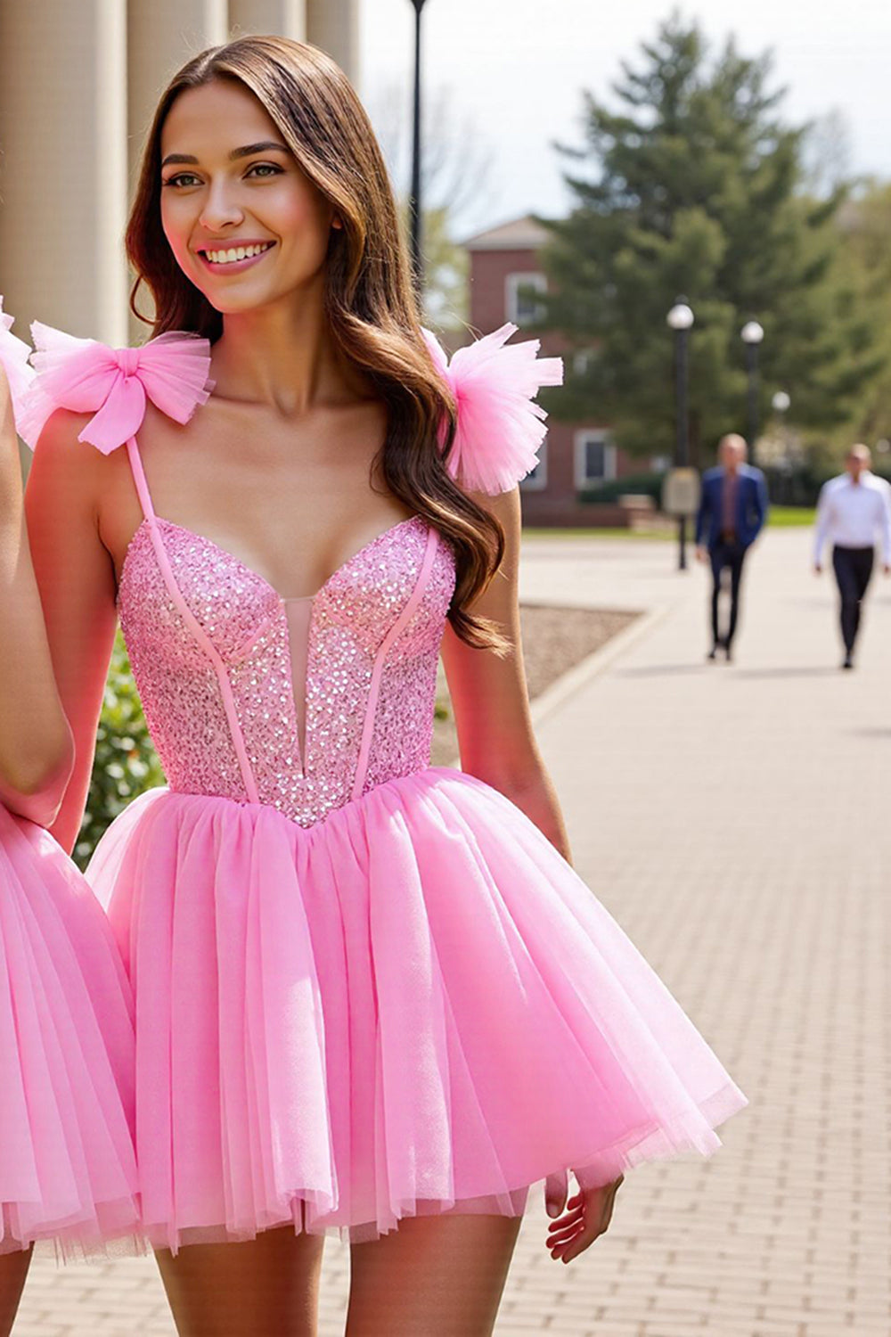 Sparkly Pink Corset A Line Short Tulle Prom Dress with Sequins