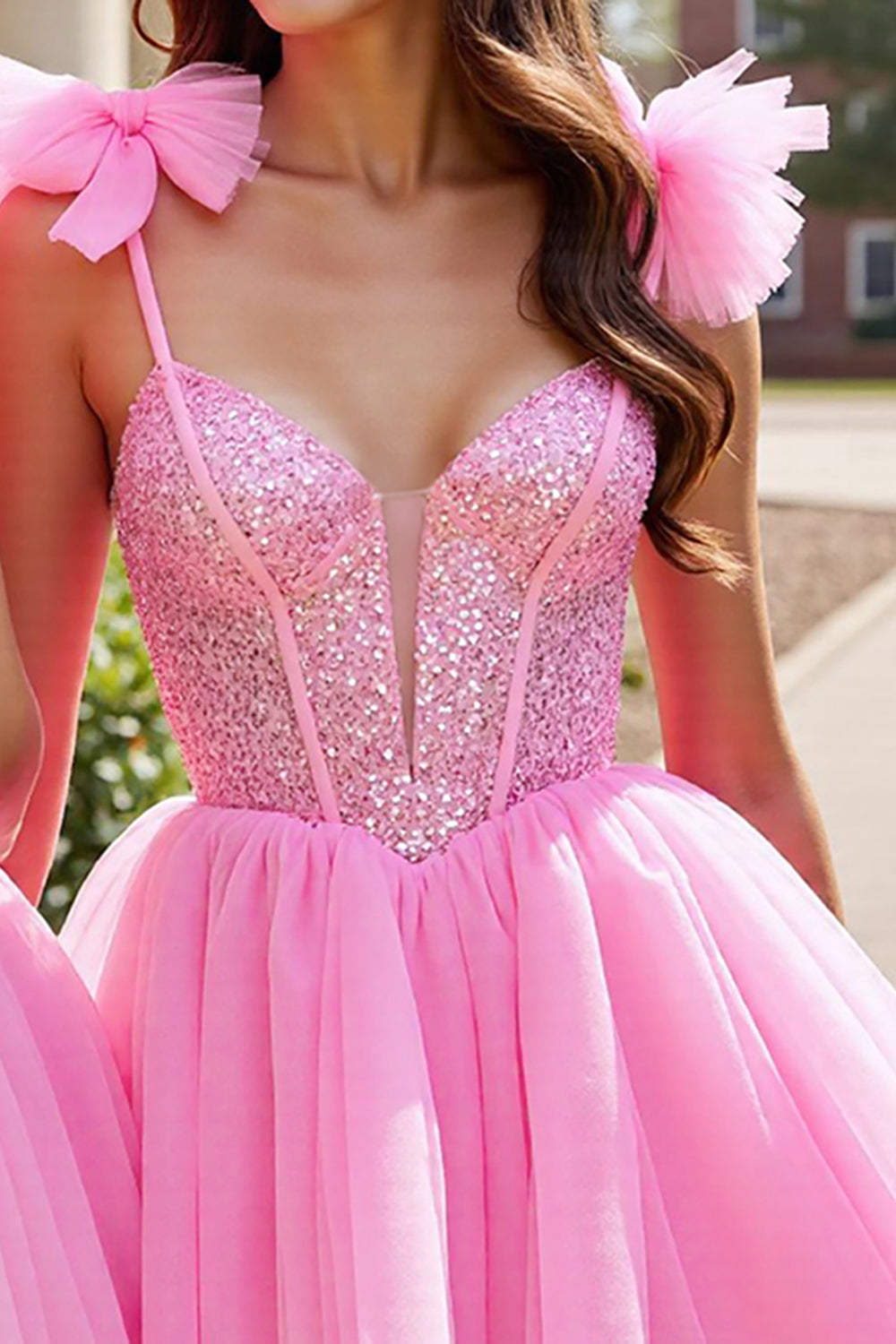Sparkly Pink Corset A Line Short Tulle Prom Dress with Sequins